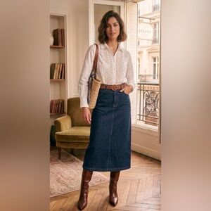 2PC Bundle: Vintage Denim Midi Skirt+Boden Eyelet Shirt | Sézane Aesthetic. Sz S
